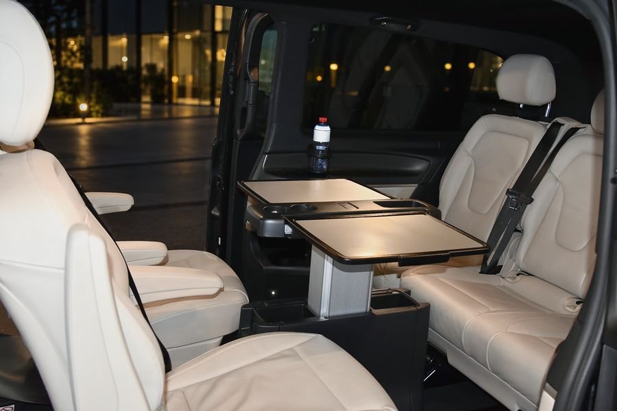 Mercedes V-Class lounge: four facing leather seats and a folding table