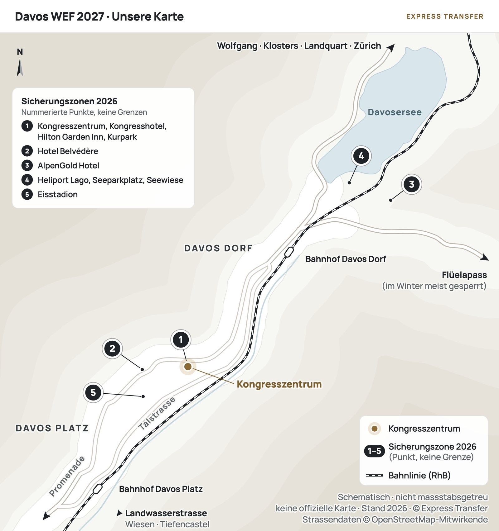 Karte Davos WEF 2027: Kongresszentrum, Bahnhöfe und Zufahrten