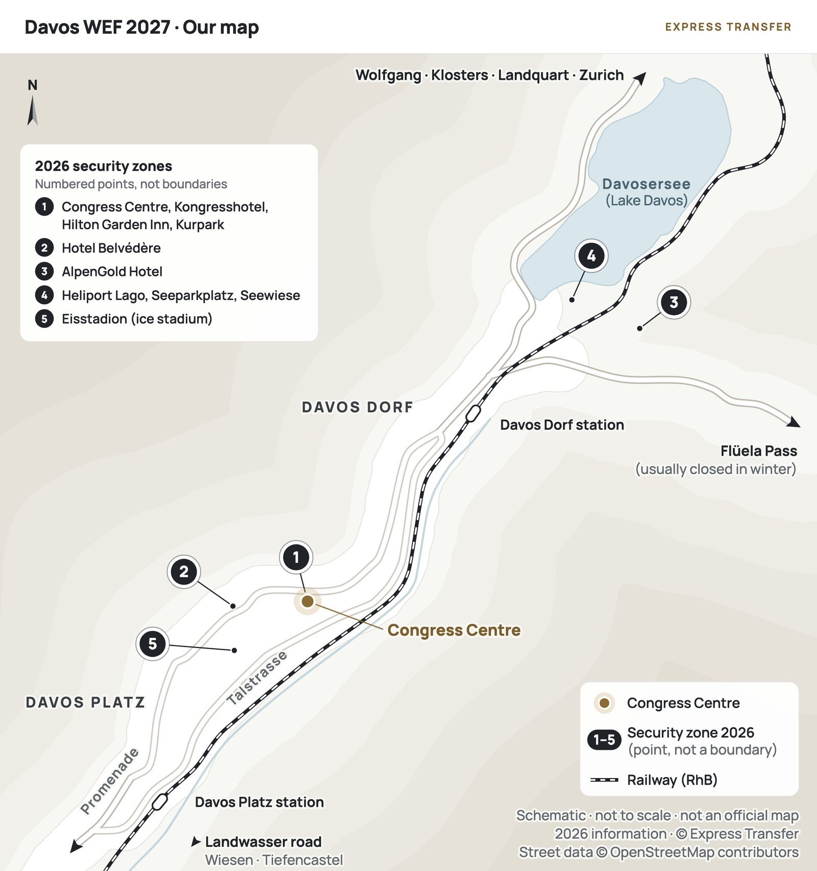 Davos WEF 2027 map: Congress Centre, stations and access roads