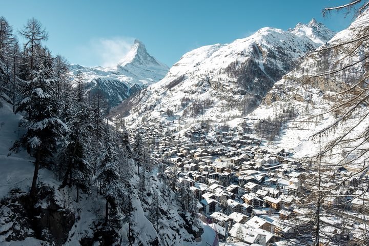 Zermatt in winter from above, with the Matterhorn