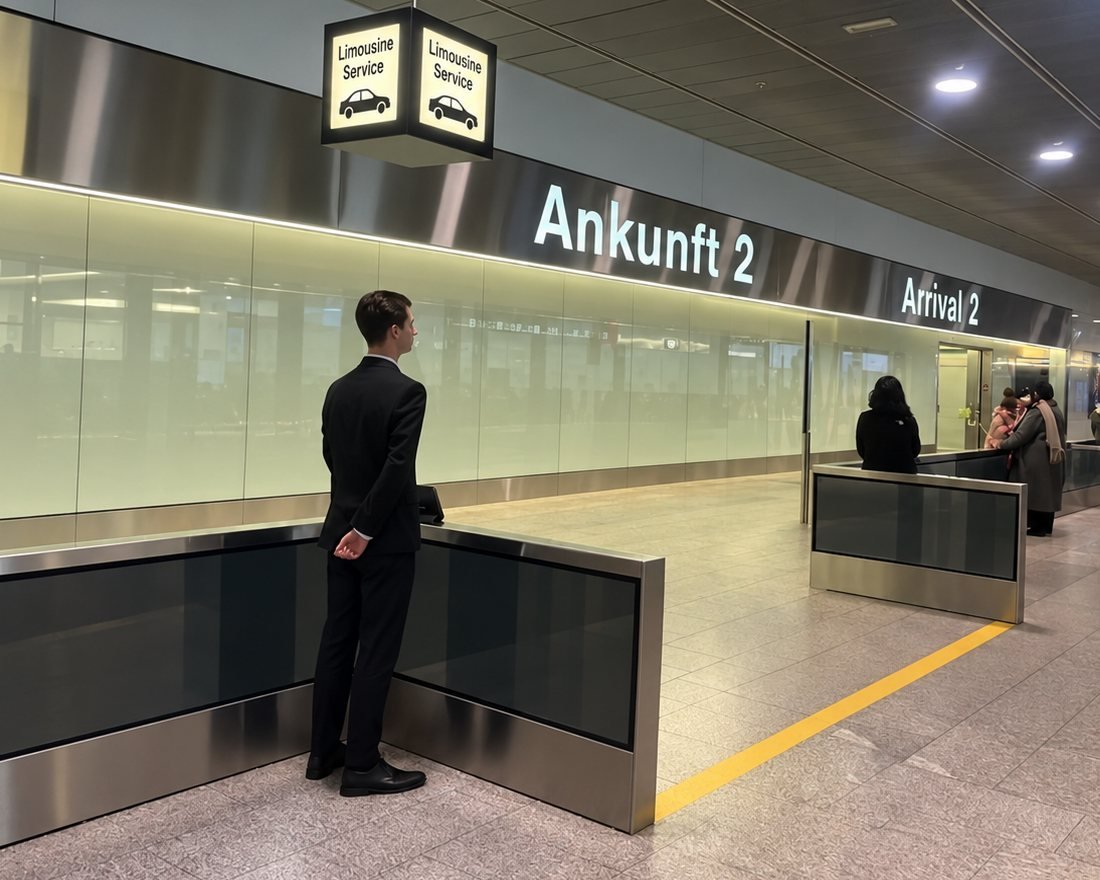 Beispiel für einen Treffpunkt am Flughafen Zürich, Ankunft 2: Ein Chauffeur im dunklen Anzug wartet an der Absperrung