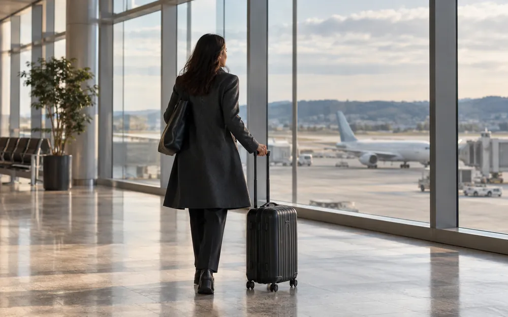 Illustrative scene of a traveller with luggage in an airport terminal.