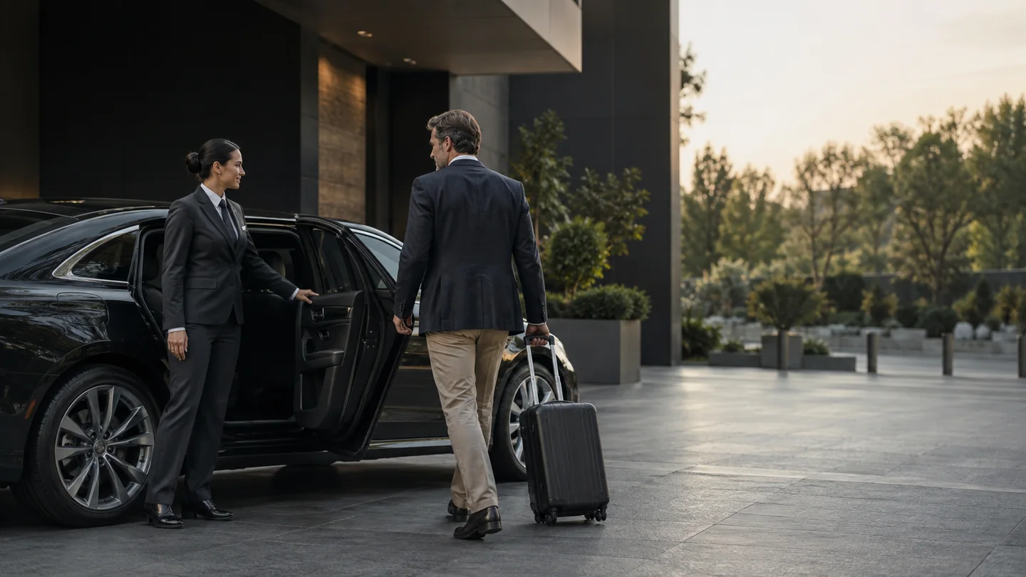 Illustrative scene of a chauffeur welcoming a traveller beside a car.