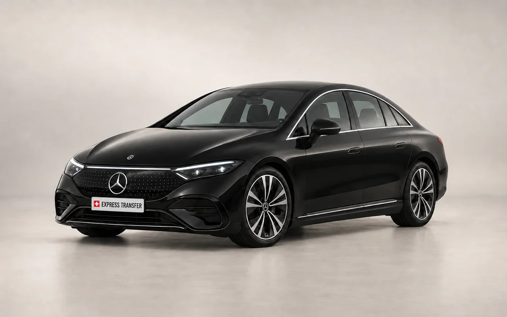 AI-created illustration of a black Mercedes EQE with an Express Transfer showroom plate, shown as a Business Sedan vehicle example.