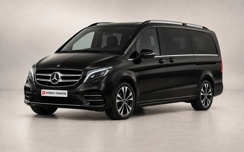 AI-created illustration of a black Mercedes V-Class with an Express Transfer showroom plate, shown as a Business Van vehicle example.