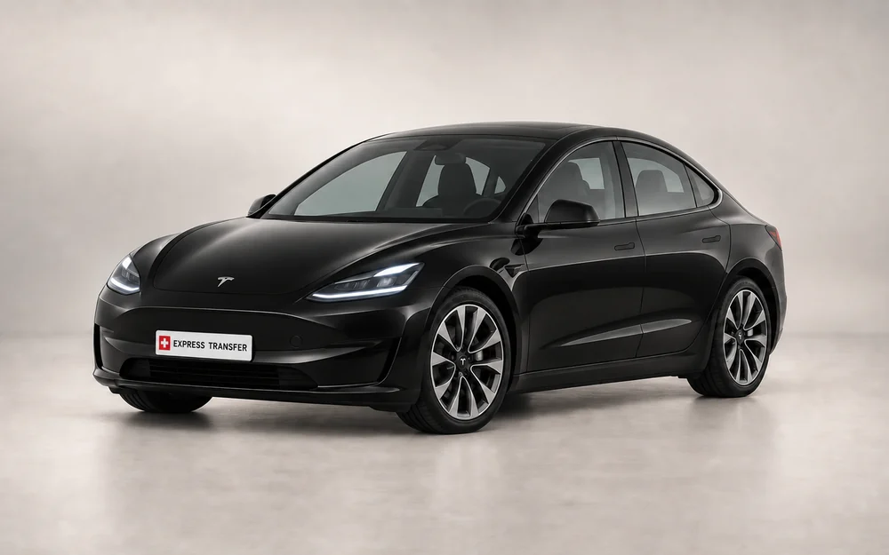 AI-created illustration of a black Tesla Model 3 with an Express Transfer showroom plate, shown as a Comfort Sedan vehicle example.