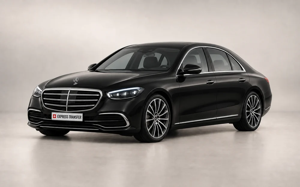 AI-created illustration of a black Mercedes S-Class with an Express Transfer showroom plate, shown as a First Class vehicle example.