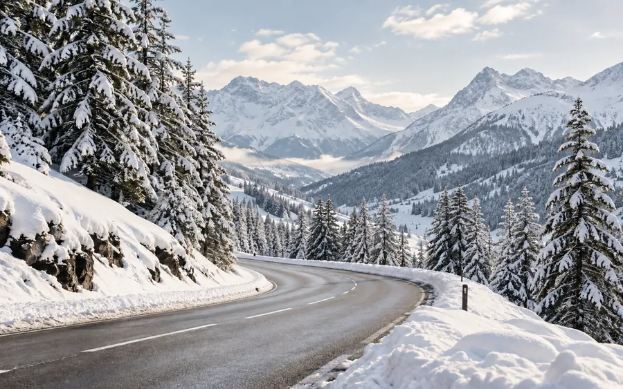 Illustrative winter road through a snow-covered Alpine landscape.